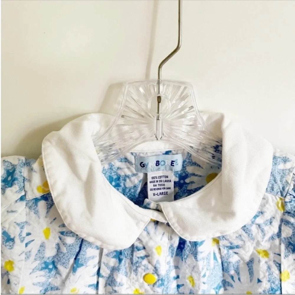 Gymboree girls top blue white Flower Party daisies vintage collar snaps
